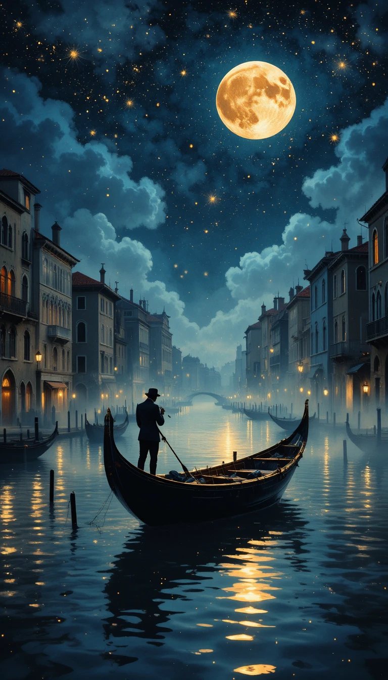 Violinist in a small boat on a moonlit Venice canal