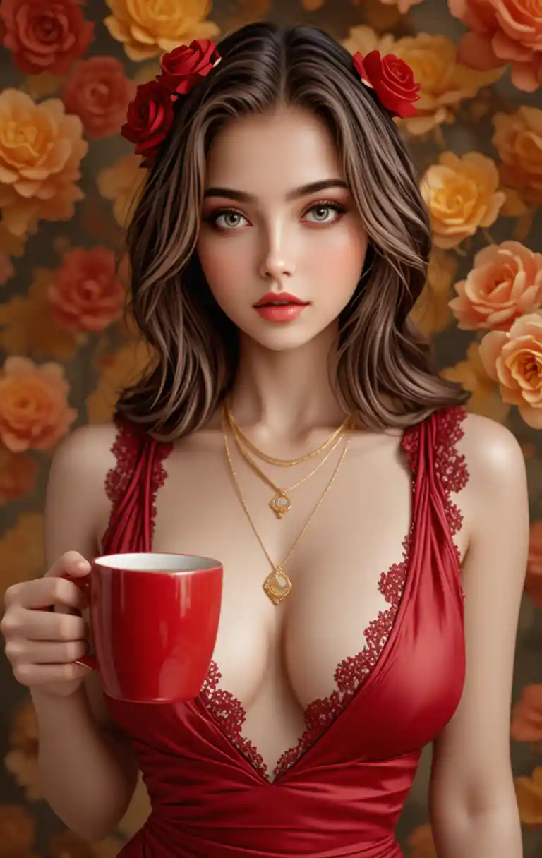 Donna asiatica fantasy con rose e abito di raso rosso