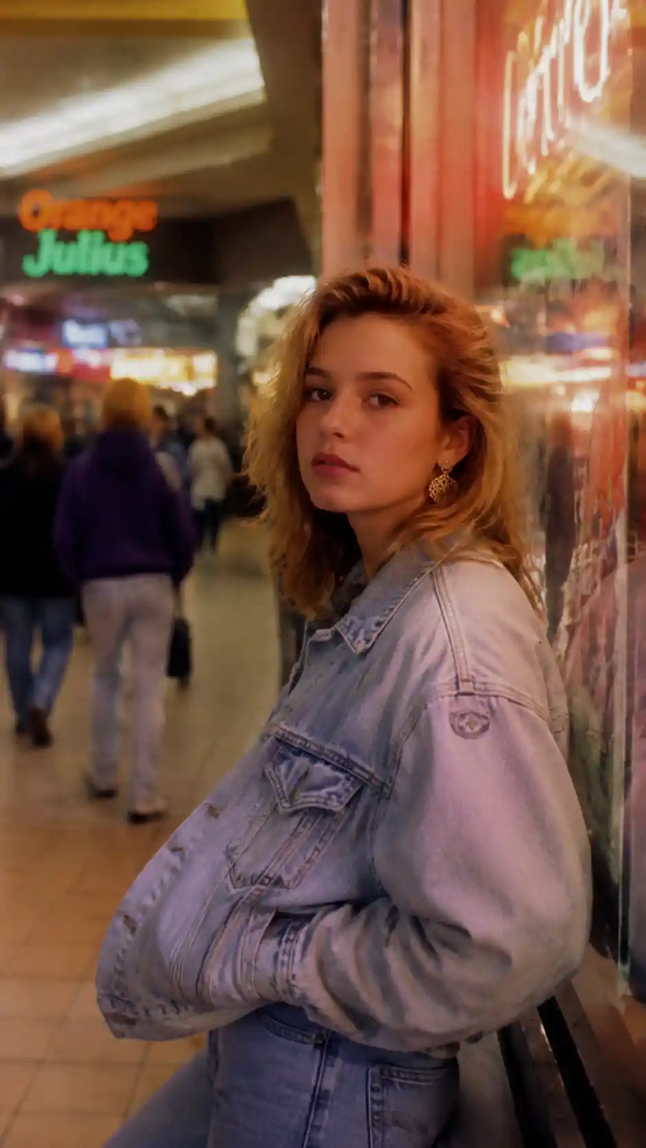 Retrato retrô de adolescente em shopping dos anos 90 com fotografia vintage suave
