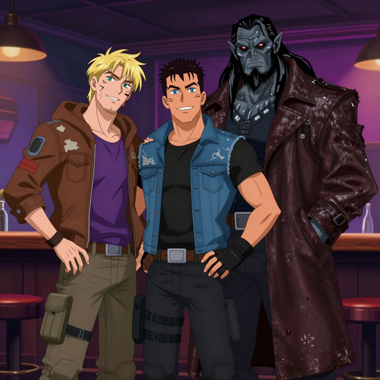 Héroes espaciales riendo y orco gánster en un bar de neón
