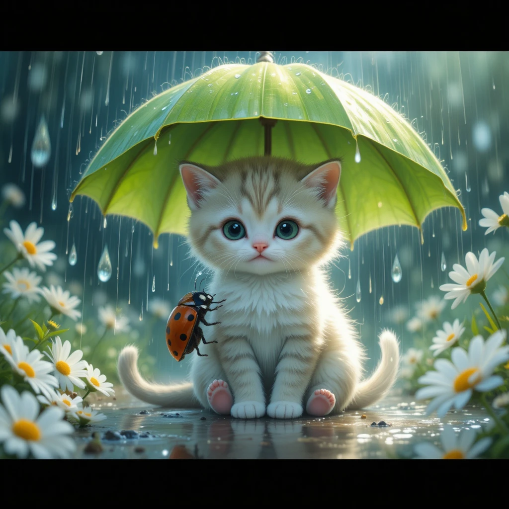 Gatinho minúsculo abrigado sob uma folha na chuva suave