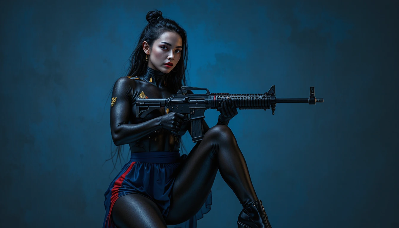 Mujer con pintura corporal naval sosteniendo un rifle de asalto