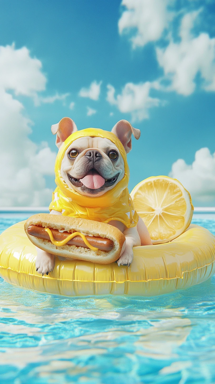 Mascote de cachorro em desenho animado com fantasia de limão em um pão de hot dog