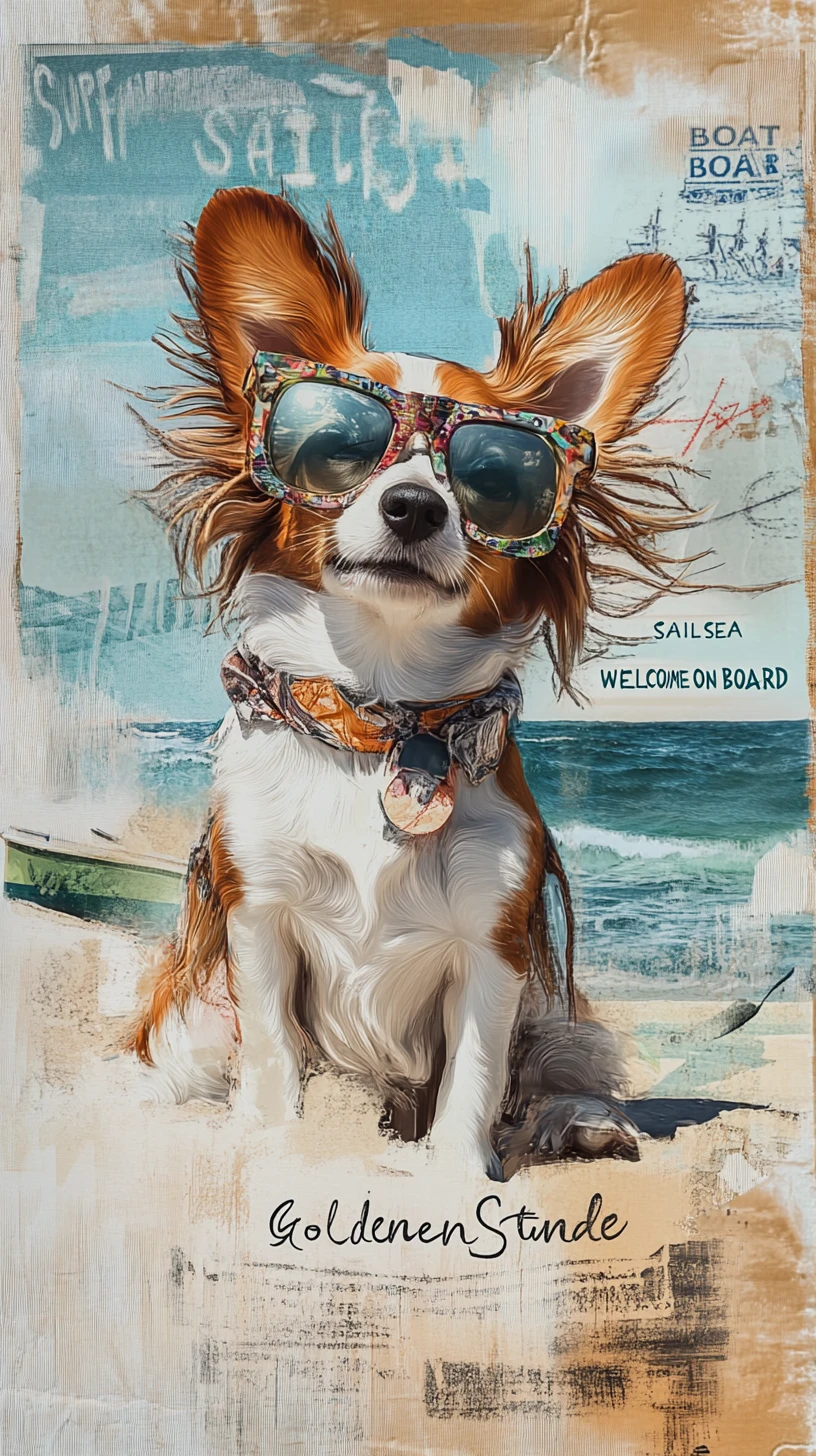 Cachorro pequeno e brincalhão com óculos de sol na praia ensolarada