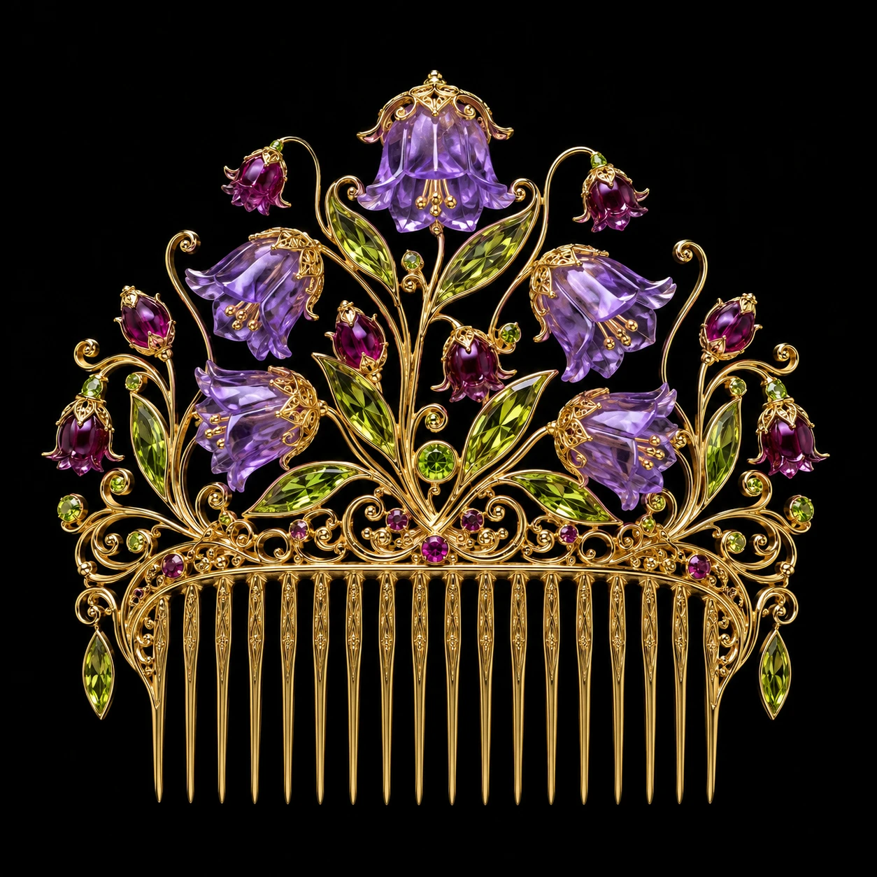 Haarkamm aus Goldfiligran mit Amethyst- und Peridot-Glockenblumen