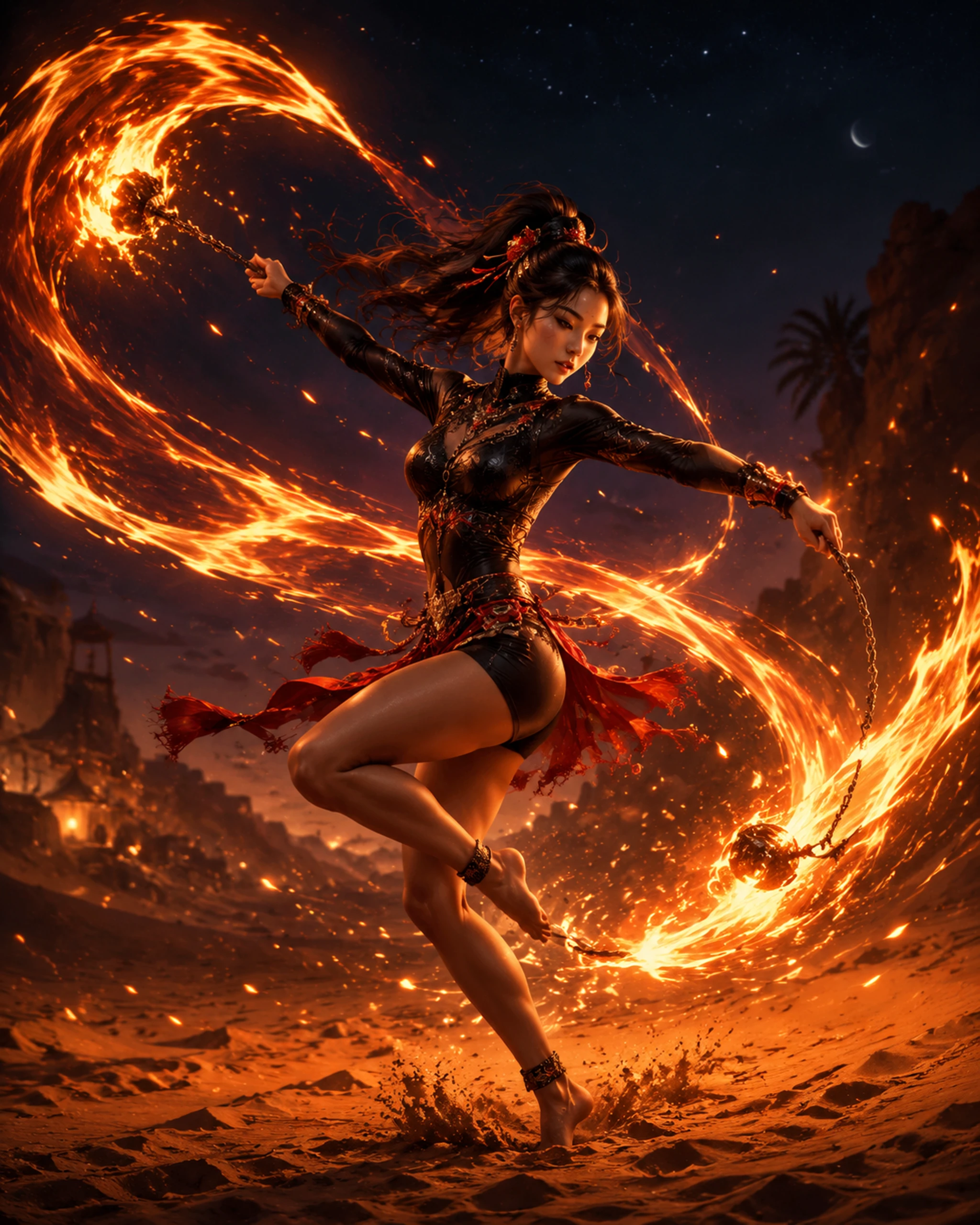 Ballerina di fuoco cinese che fa roteare catene fiammeggianti nel deserto di notte