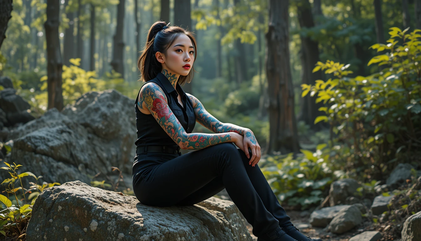 Mujer asiática tatuada sobre rocas cubiertas de musgo en un bosque frondoso