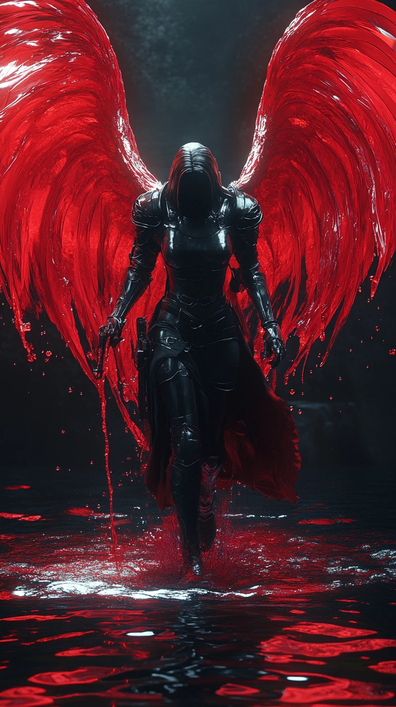 Dark female inquisitor with red liquid angel wings
