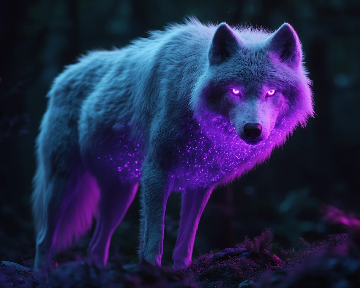 Lobo branco brilhando com luz violeta em floresta escura