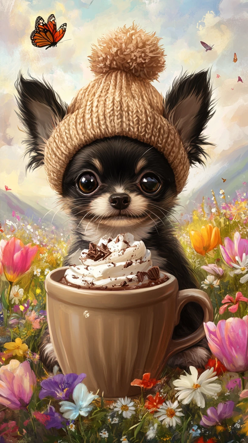 Chihuahua fofo de gorro com cacau em um prado de primavera