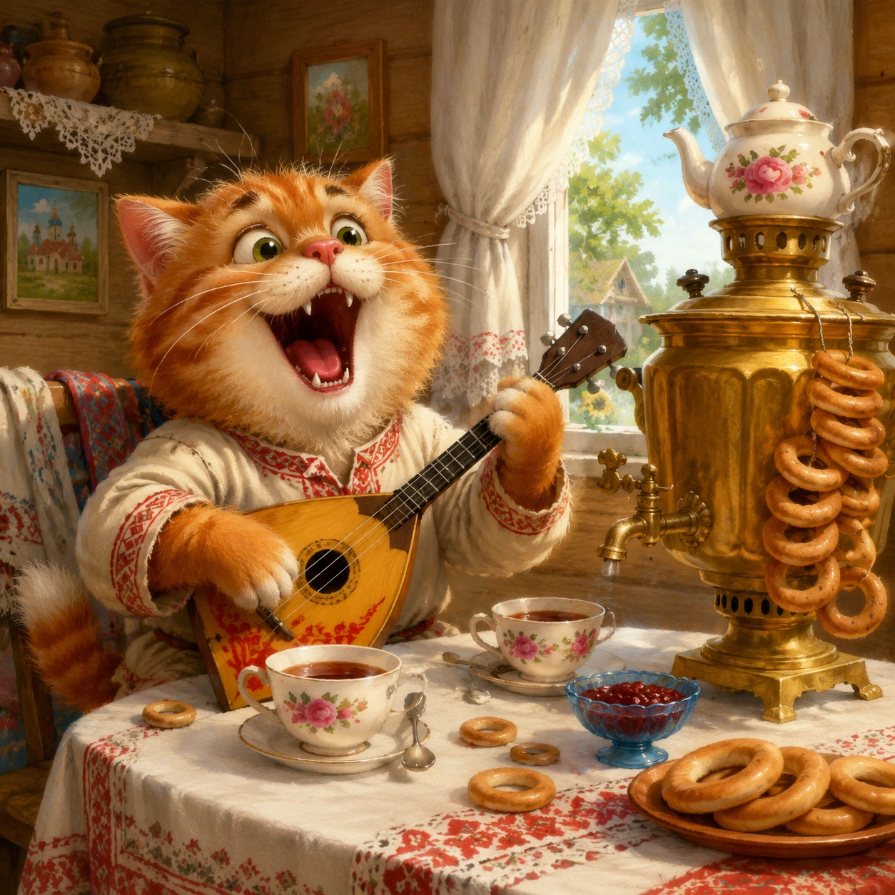 Gato desenhado alegre tocando balalaica em chalé rústico