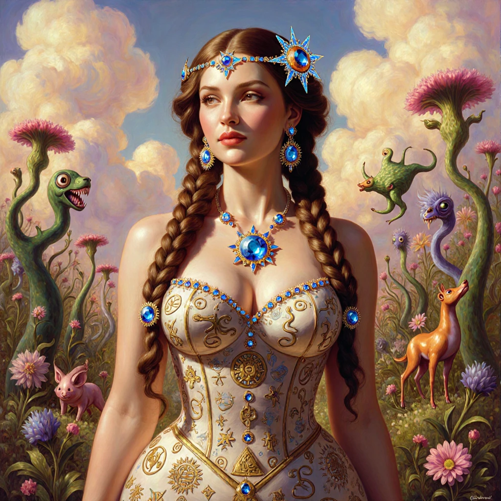 Donna mistica con trecce gioiello in un giardino fantasy surreale