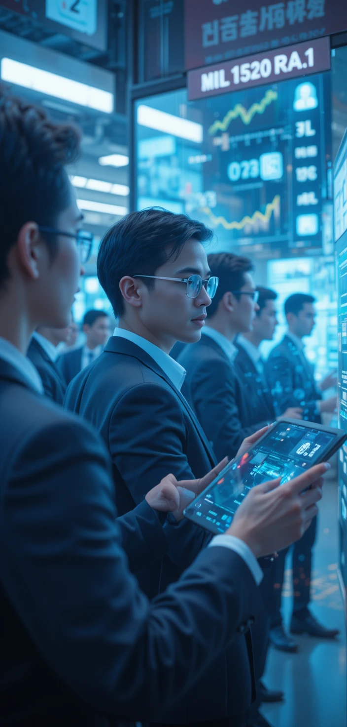 Empreendedores usando telas holográficas de IA futurista em escritório moderno