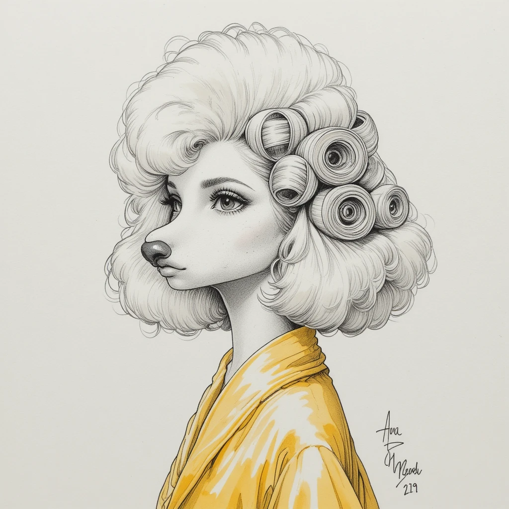 Poodle branco de roupão amarelo com bobs de salão no cabelo