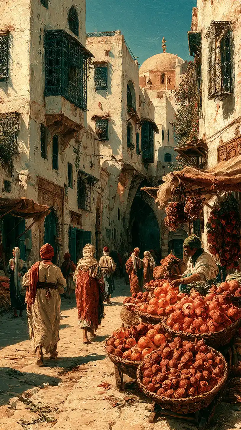 Nineteenth century Algiers casbah street with market vendors
