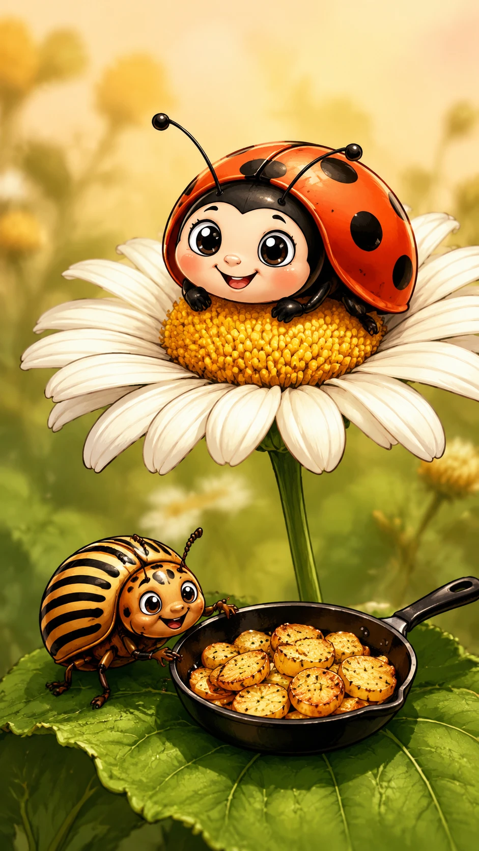 Dolce coccinella che sbuca dal guscio su una margherita bianca