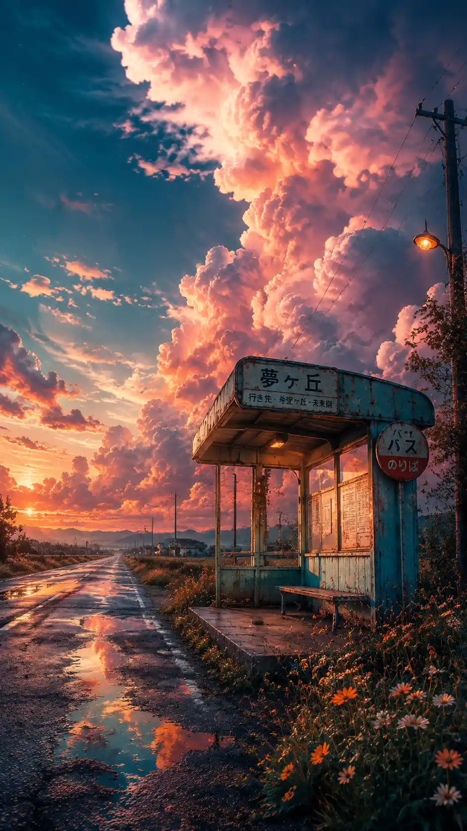Fermata dell’autobus di campagna surreale all’ora blu con nuvole da sogno
