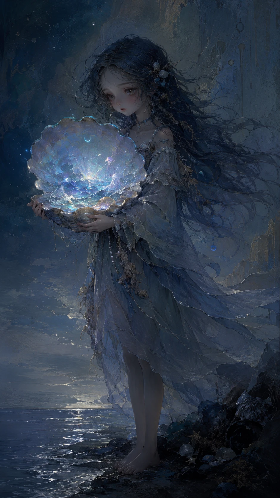黑暗夢幻海岸邊捧著發光貝殼的女子