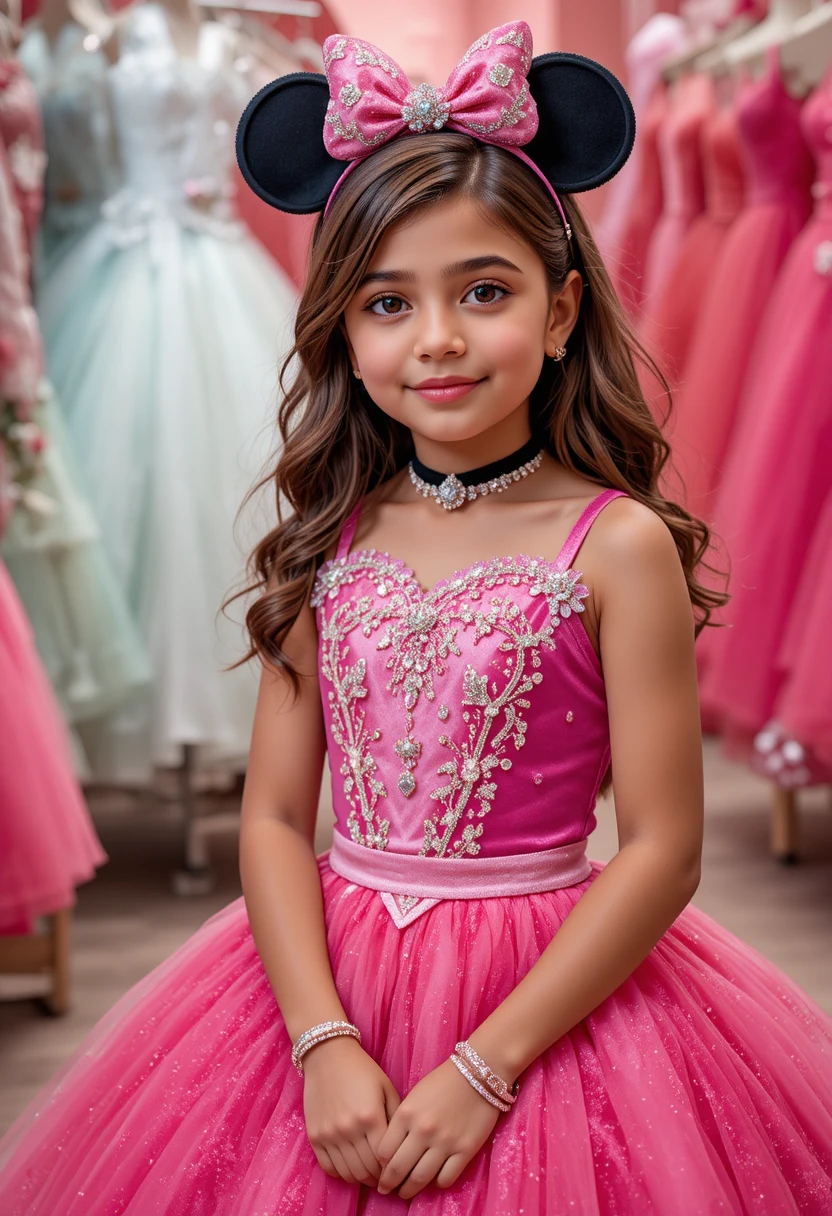 Menina com vestido rosa da Minnie em uma loja da Disney