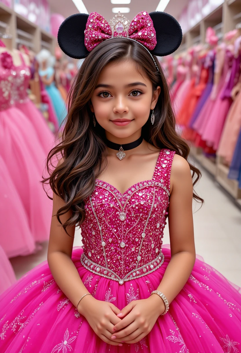 Menina jovem com vestido rosa da Minnie em boutique