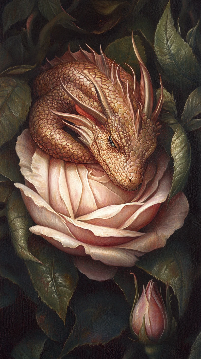 Dragão adormecido formado a partir de uma única rosa gigante