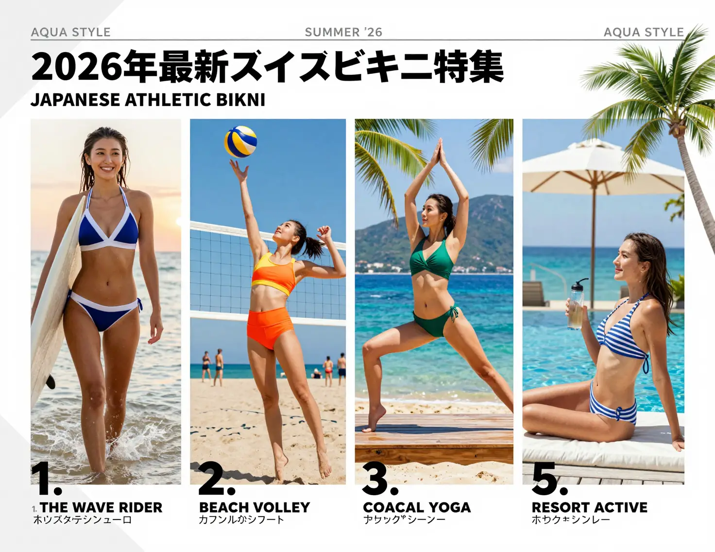 夕陽海灘上穿衝浪比基尼的運動系日本模特