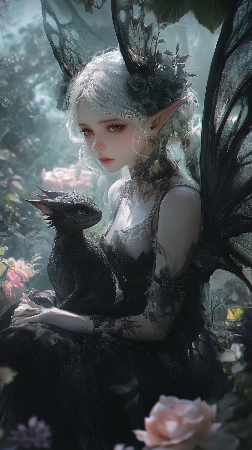 Anime fairy seated quietly in a muted rose garden