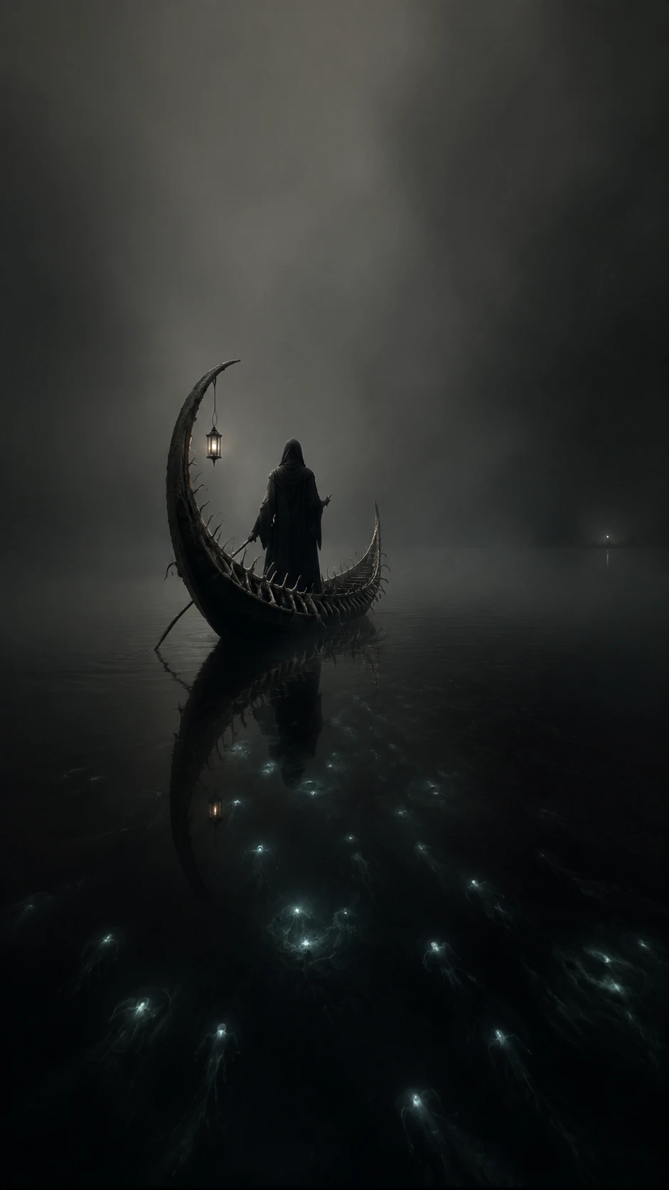 Ferryman crossing a silent black sea in heavy mist