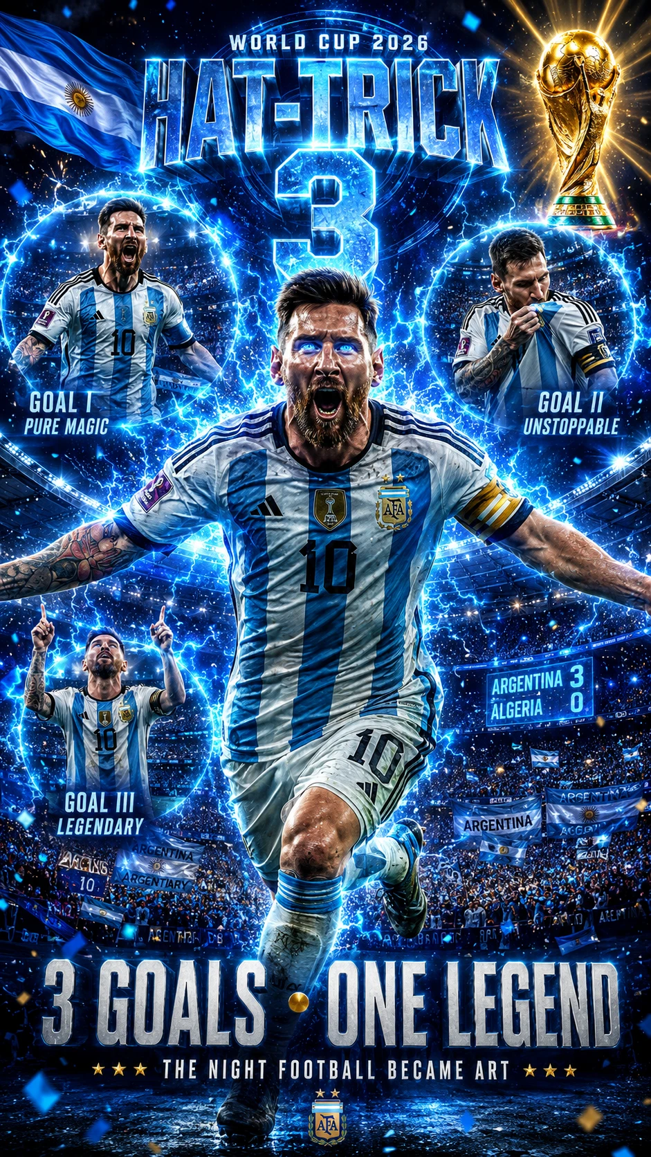 Estrela do futebol da Argentina comemorando hat-trick na Copa do Mundo