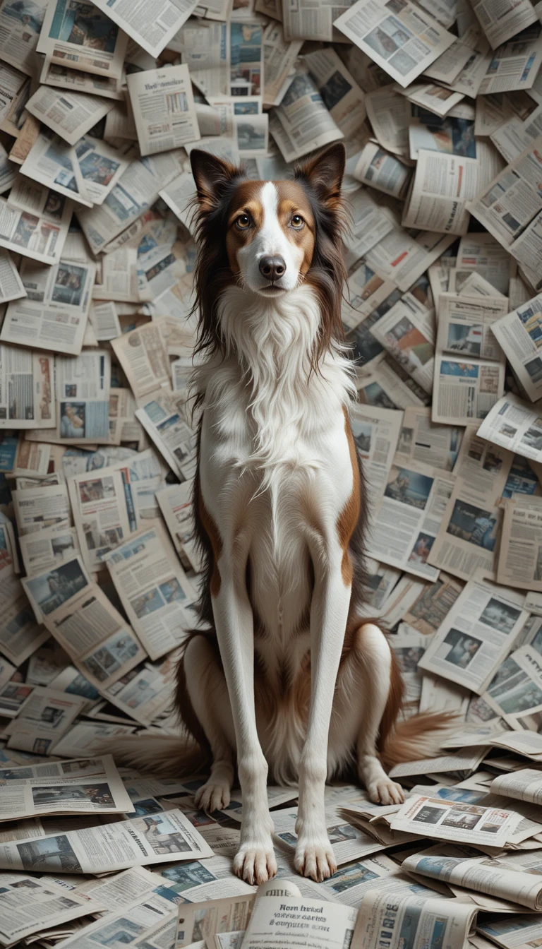 Elegante Borzoi Russo posando entre jornais espalhados