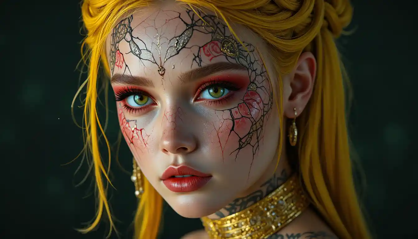 Retrato futurista de mujer de fantasía con trenzas de cabello dorado