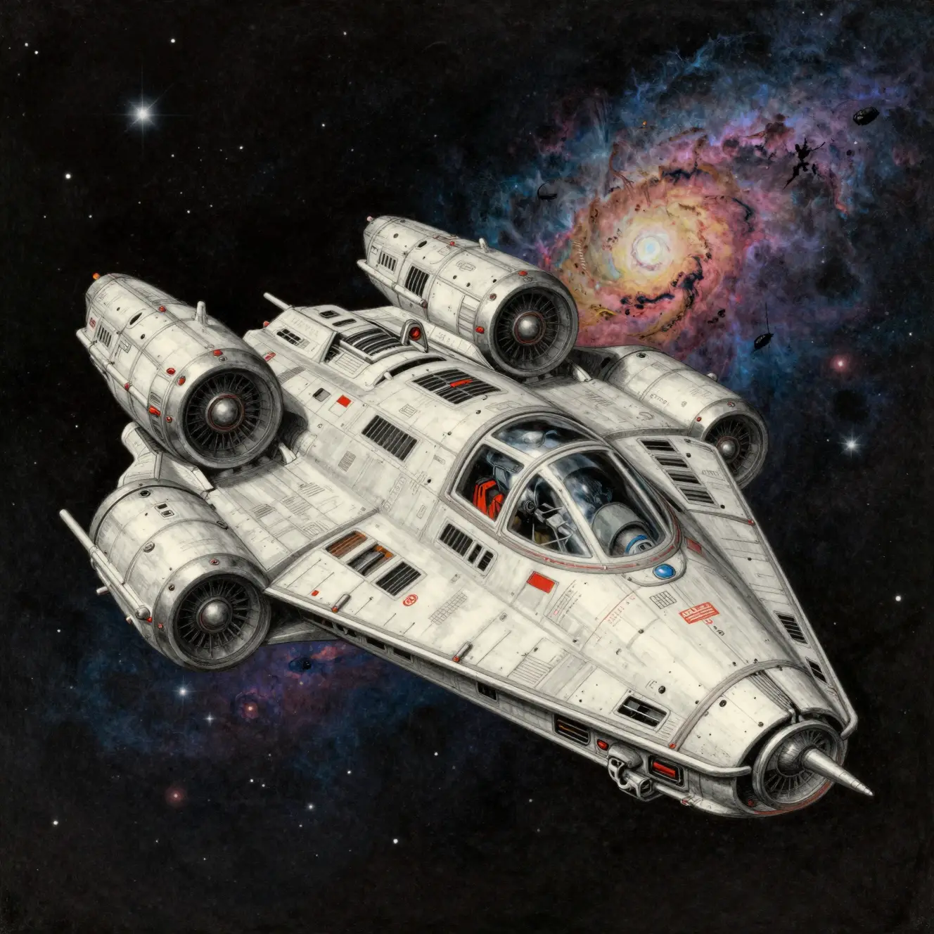 Dibujo vintage de una nave espacial futurista en un espacio colorido