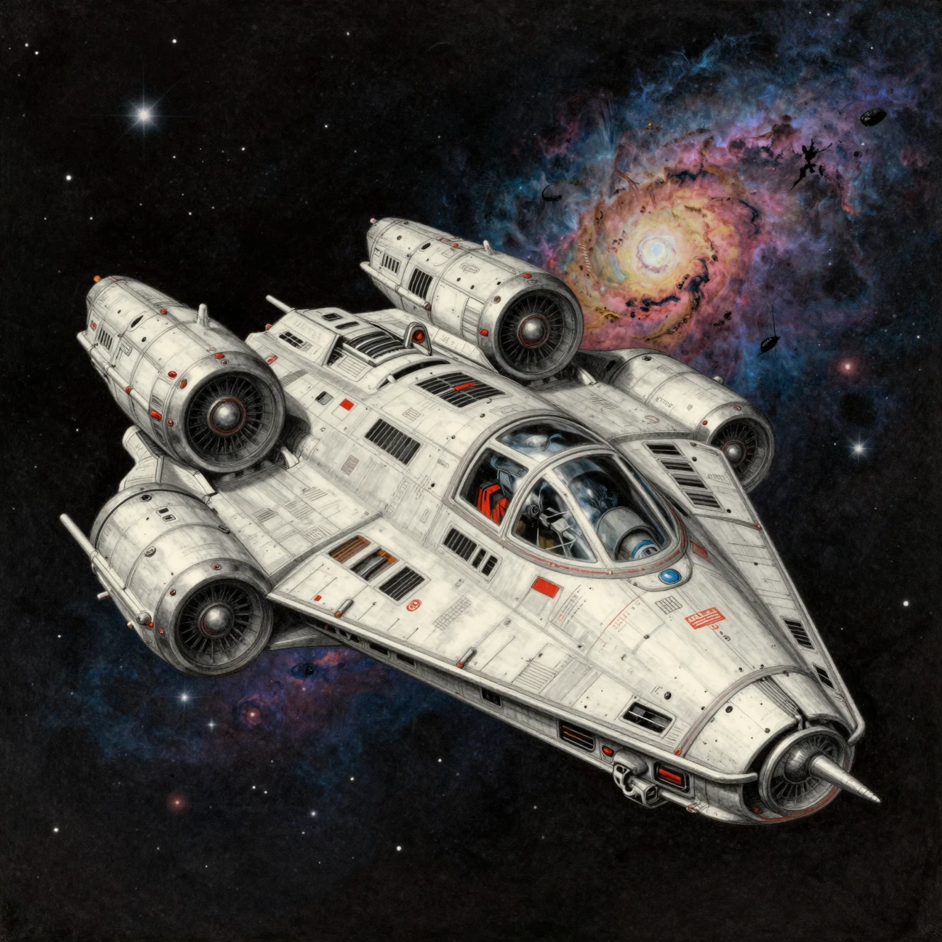 Desenho vintage de uma nave espacial futurista em um espaço colorido