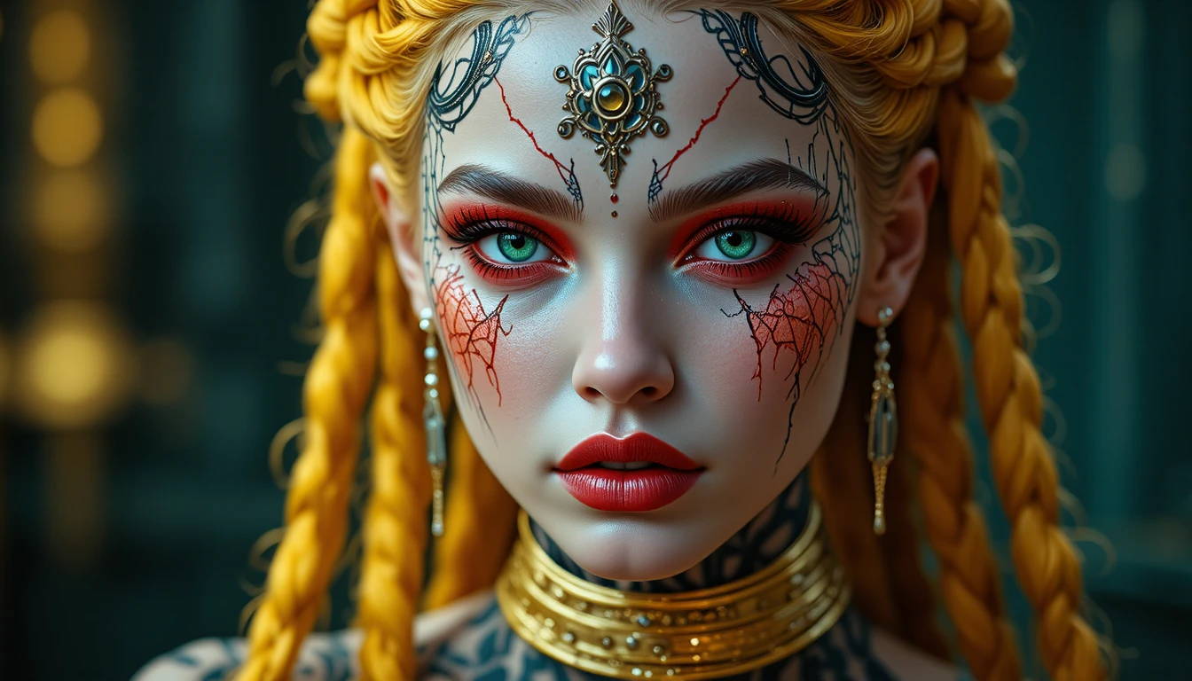 Mulher futurista de fantasia com tranças e pintura vermelha rachada no rosto