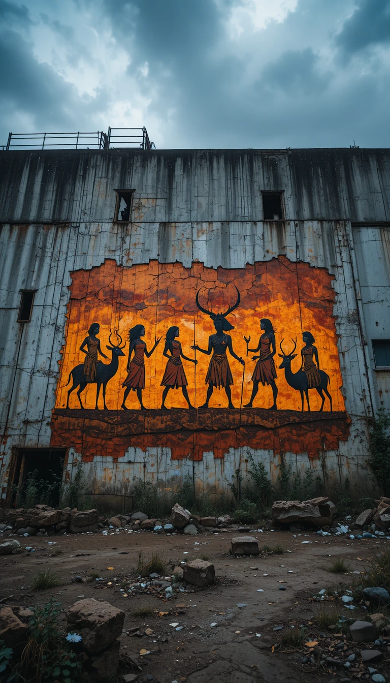 Colorato murale di arte rupestre su un decadente muro industriale di cemento