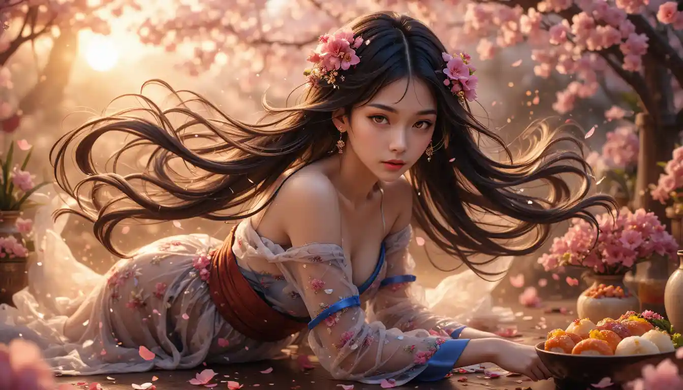 Donna anime dai capelli svolazzanti in un luminoso giardino di primavera