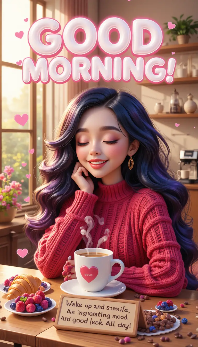 Lächelndes Mädchen mit bunten Haaren genießt ihren Morgenkaffee