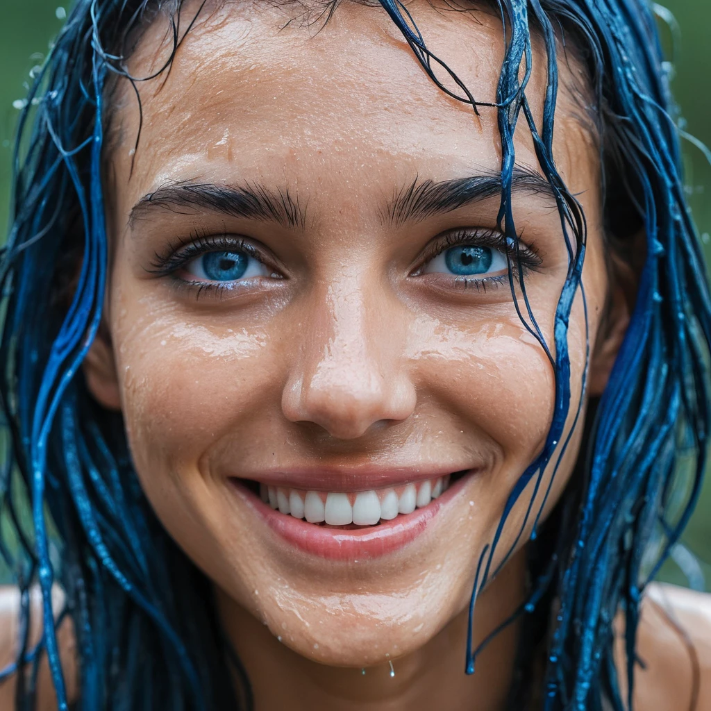 Retrato em close de uma mulher bonita com cabelo azul molhado