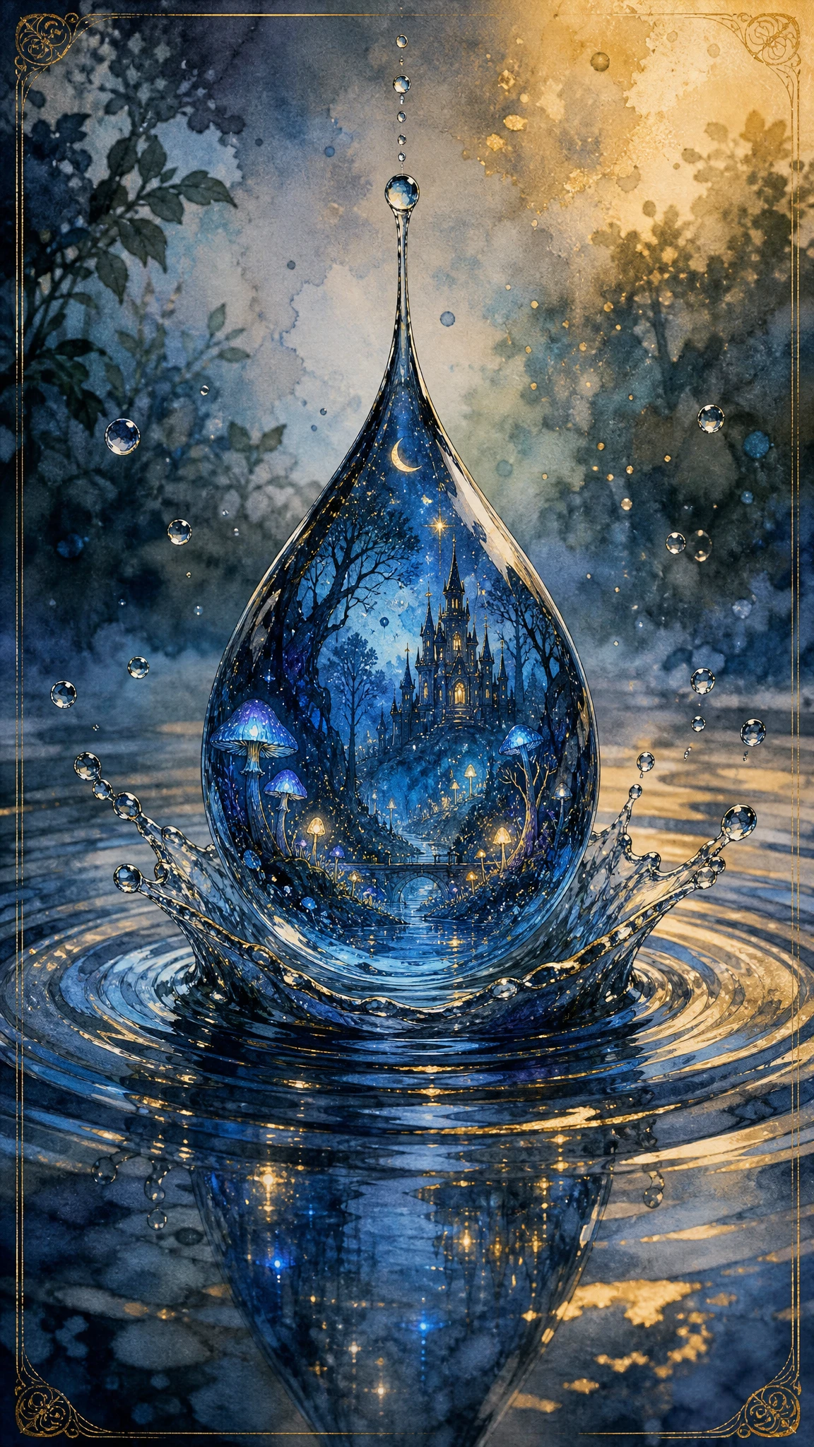 さざ波立つ水面の上に広がるファンタジーな雨粒の世界