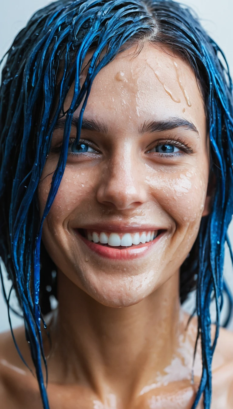 Gros plan d’une belle fille aux cheveux bleus mouillés