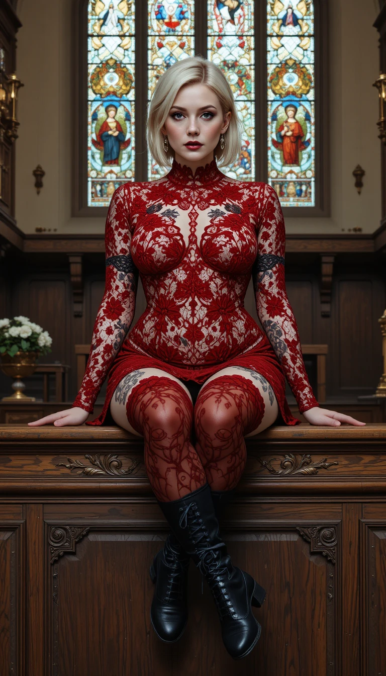 Mulher loira gótica no altar da igreja diante de vitral