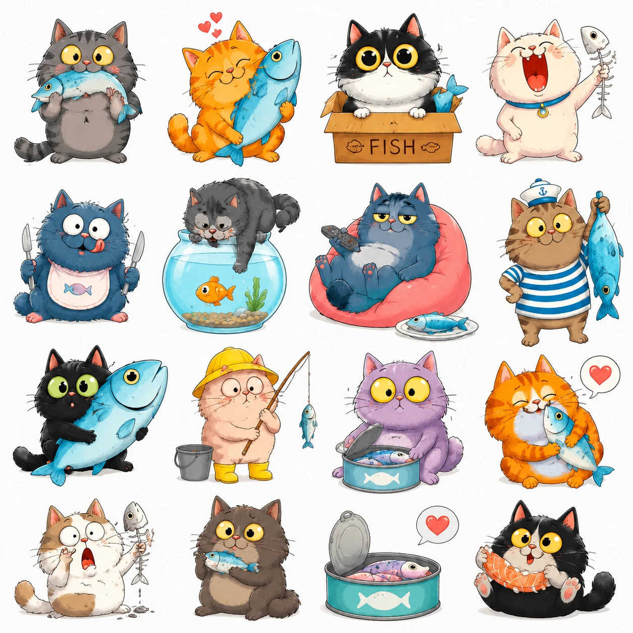 Gatos em desenho animado em várias fileiras de ilustrações simples