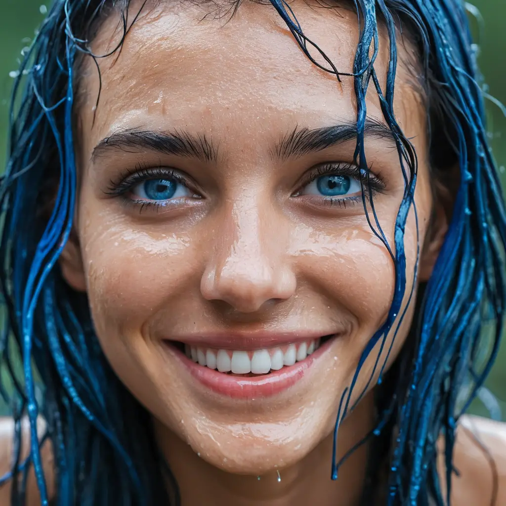 Close up portrait of a beautiful woman with wet blue hair