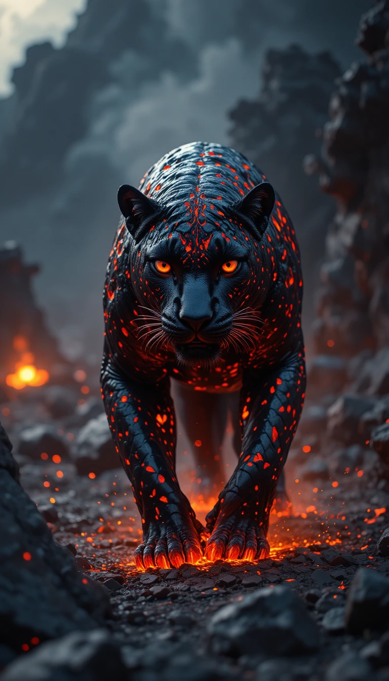 Dunkler Jaguar aus geschmolzener Lava auf vulkanischem Boden
