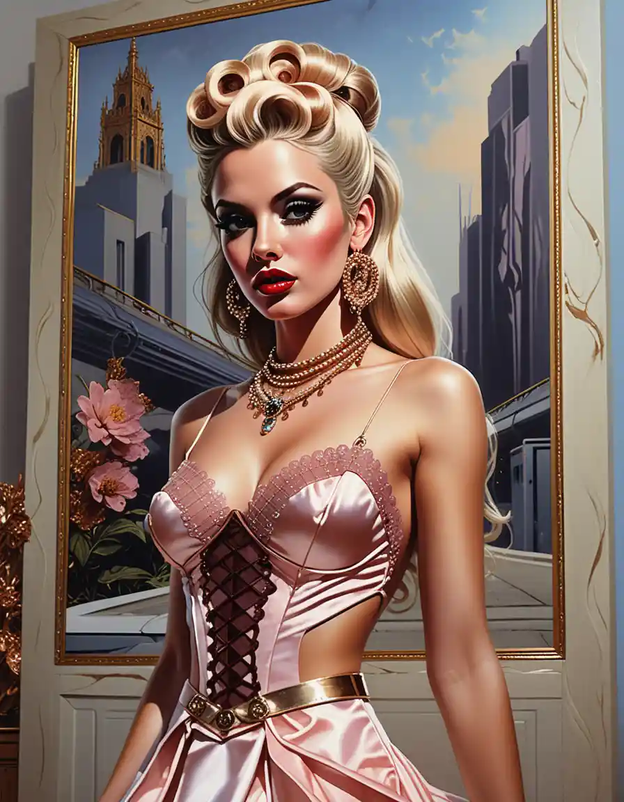 Mulher loira solar punk em vestido futurista de jardim