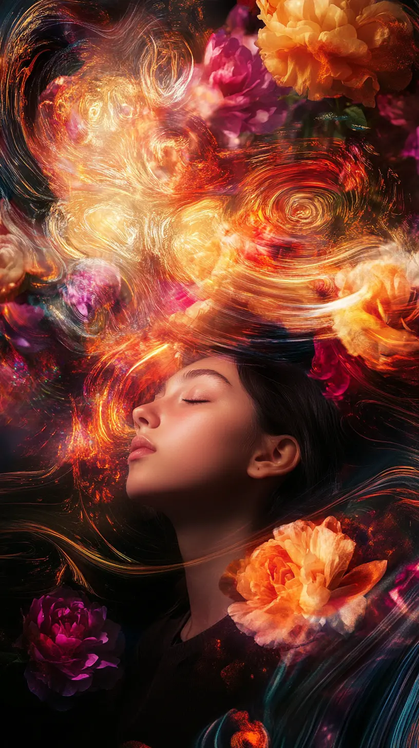 Giovane ragazza incorniciata da vividi petali in fiore e luce
