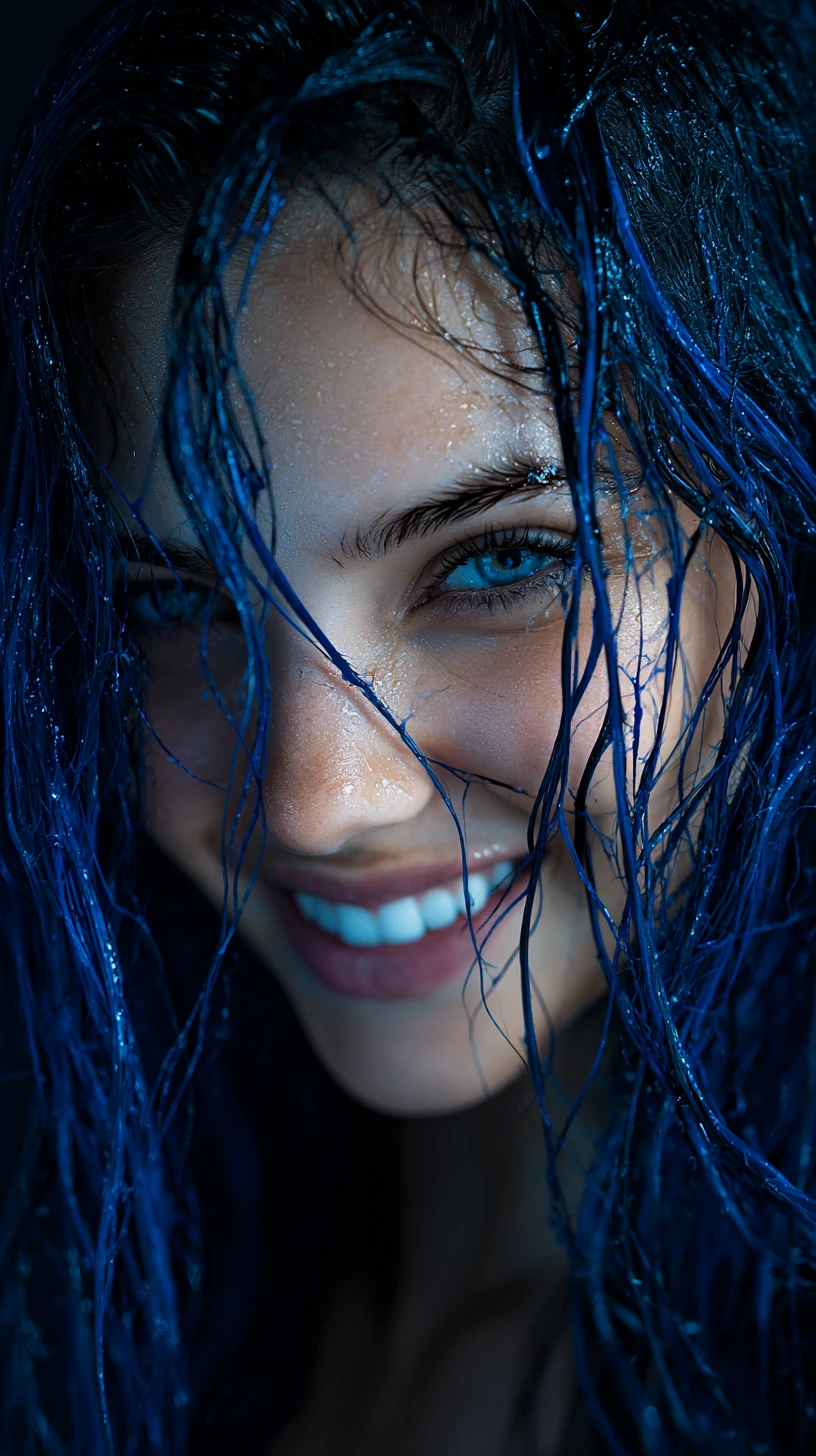 Mulher bonita com cabelo azul molhado e sorriso divertido