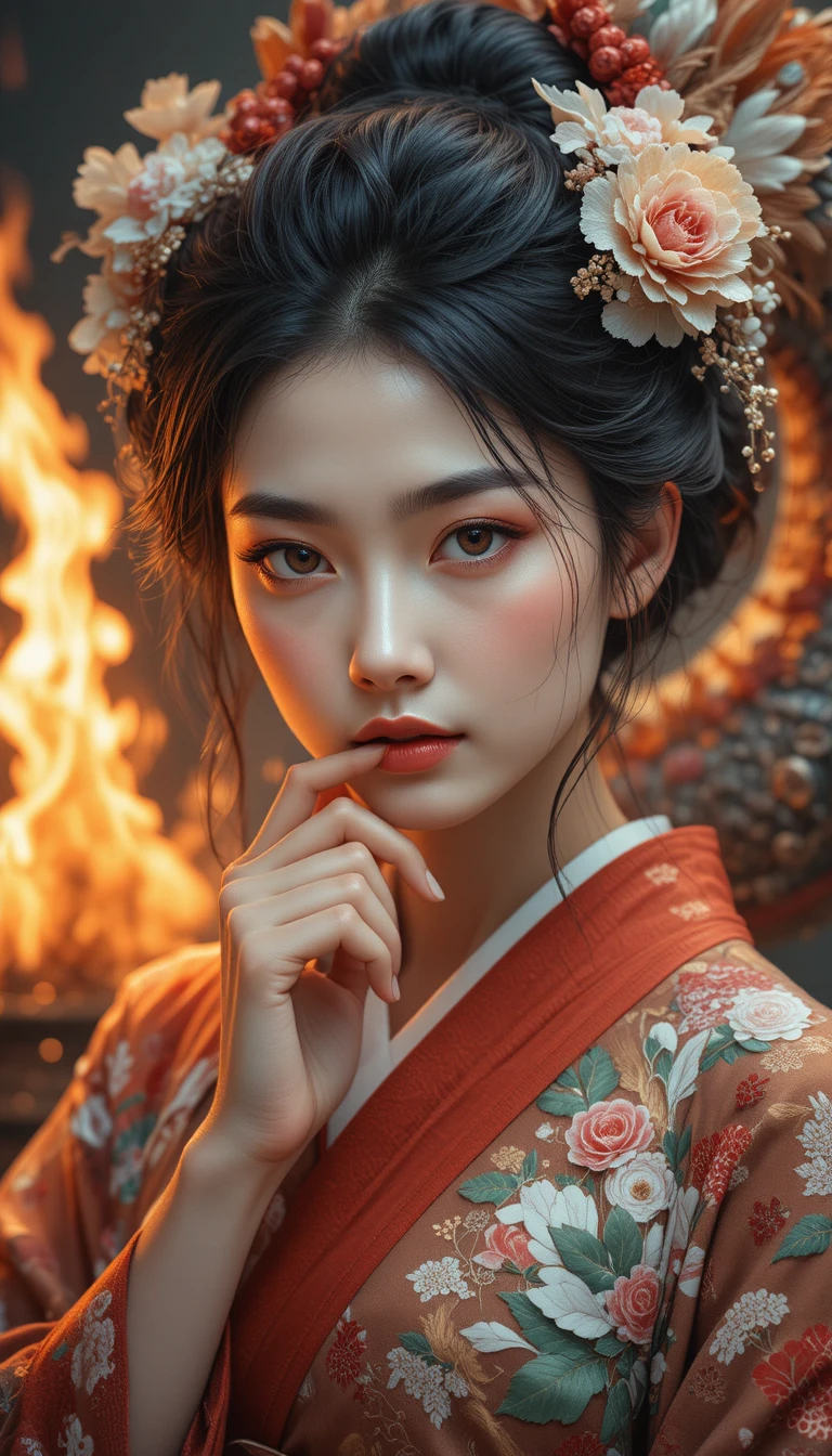 Femme japonaise pensive en kimono aux yeux mi-clos