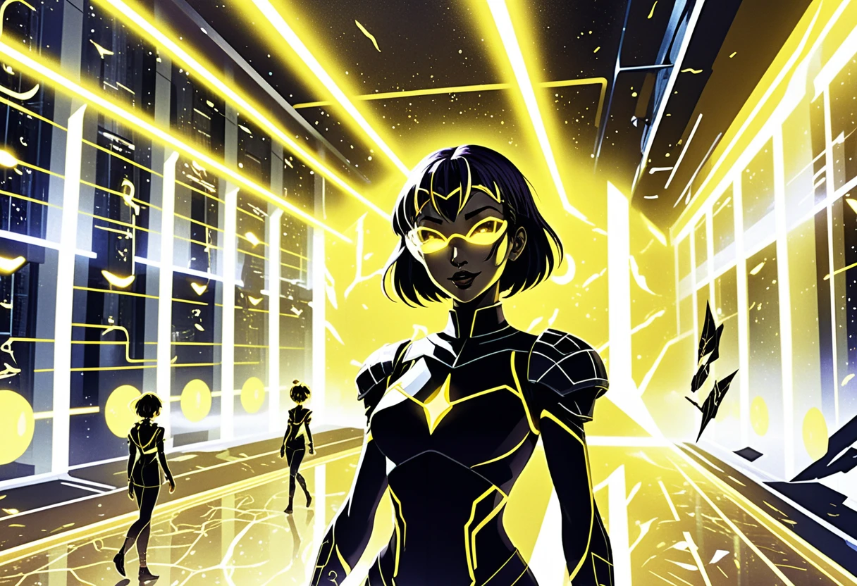 Chicas de anime en una instalación sci‑fi de neón con luz dorada
