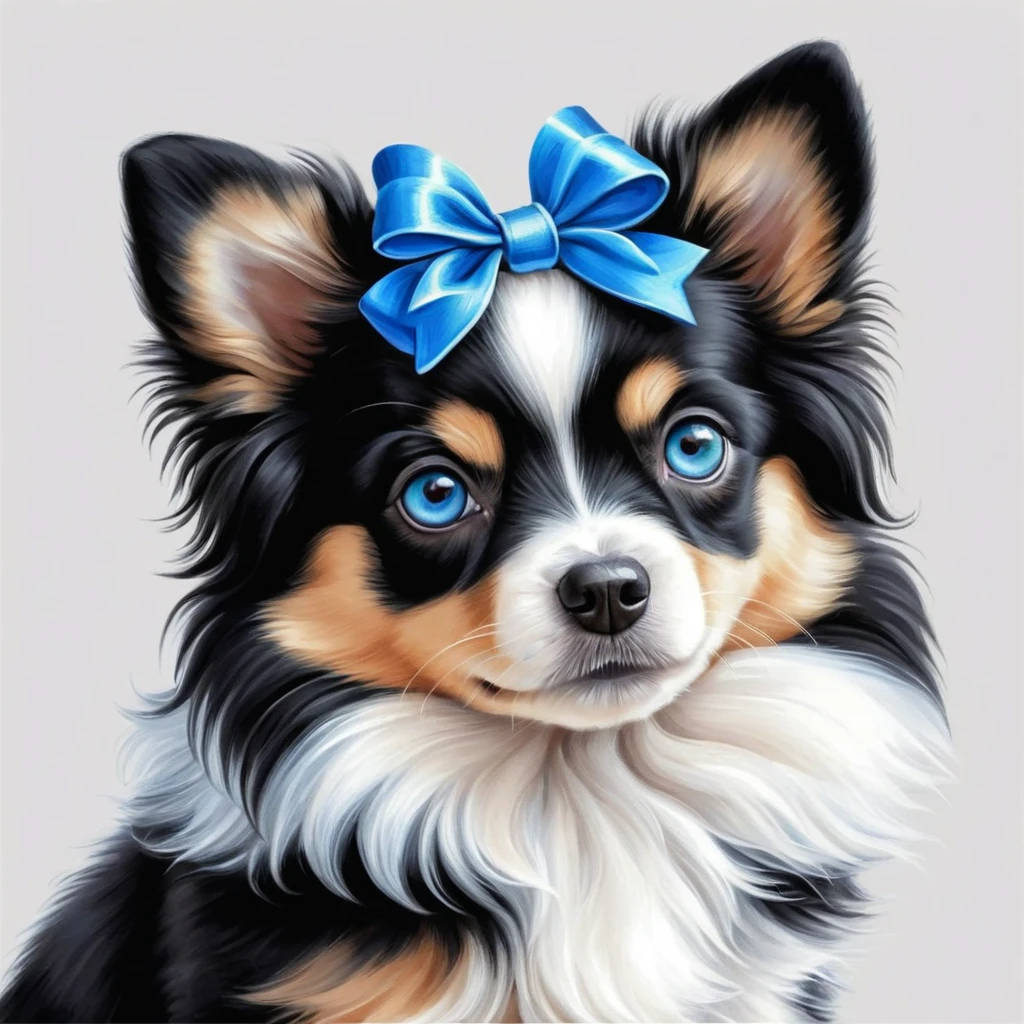 Cachorro preto e branco fofo com olhos azuis e laço